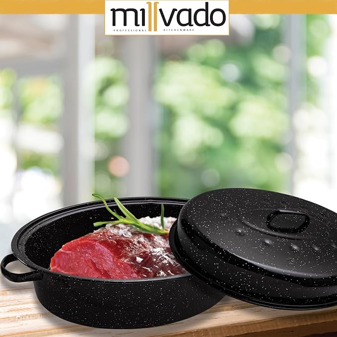 Millvado Roasting Pan With Lid, Turkey Roaster Pan, Extra Large 15 lb Capacity, 18" Granite Oven Roaster Oval Shaped Speckled Enamel on Steel Cookware