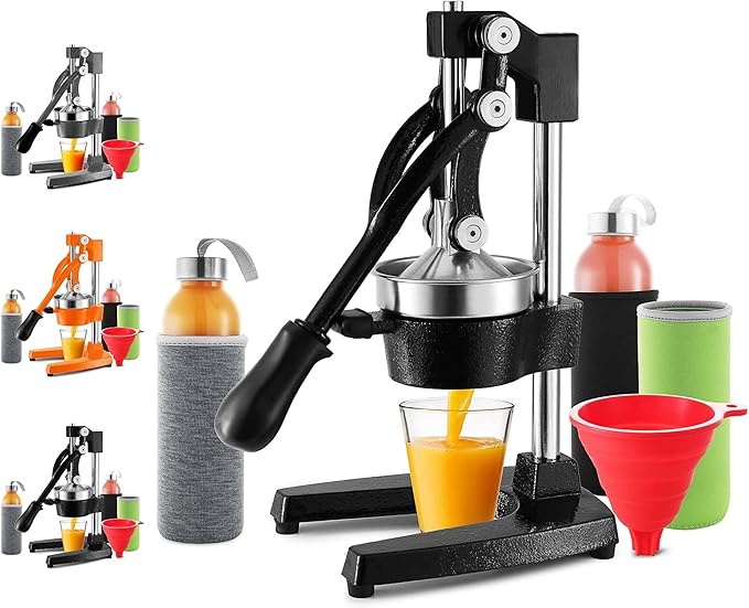 Citrus Juicer - Professional Hand Juicer Citrus Squeezer - 7 PC Juicer Press - Metal Grapefruit, Orange & Lemon Juicer Squeezer with Glass Bottles, Sleeves & Funnel - Black