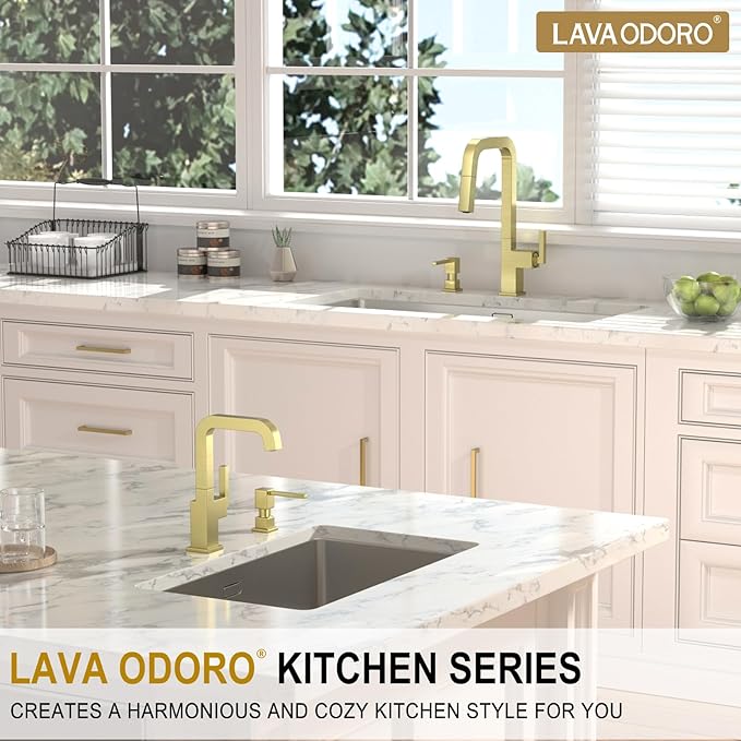 Lava Odoro Soap Dispenser for Kitchen Sink, Gold Sink Soap Dispenser Pump, Modern Square Built in Kitchen Sink Countertop Pump Dispenser with 18oz Refillable Bottle, Spot-Free KSD182-SG