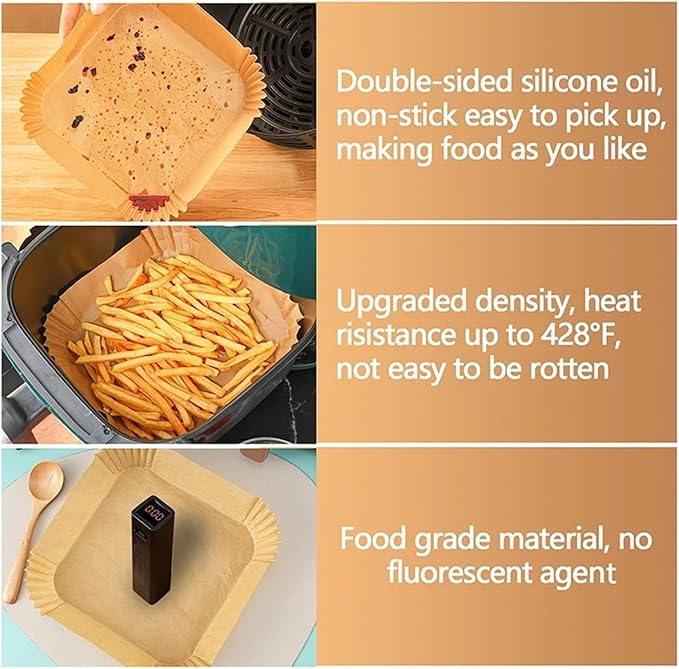 Large Air Fryer Disposable Paper Liners Nonstick 23cm Oven Airfryer Parchment Baking Paper ，Compatible For Ninja，Compatible For COSORI ，Grill Cooking Basket(16cm square,100 Pcs)