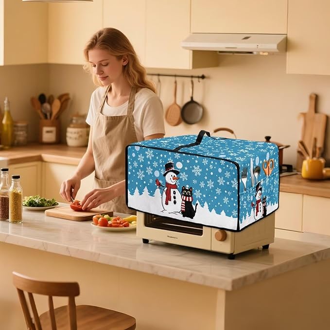 Microwave Oven Cover Air Fryer Toaster Oven Dust Cover, Stain-resistant Small Electric Appliance Protector, L, Snowman Black Cat Snowflake Blue Christmas Decorations