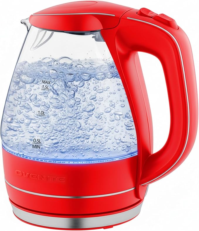 OVENTE Electric Kettle, 1.5L Borosilicate Glass Countertop Water Heater and Boiler for Coffee or Tea, BPA-Free, Auto Shut-Off, Boil-Dry Protection, Removable and Washable Spout Filter, Red KG83R