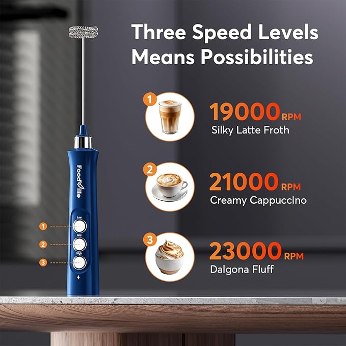 FoodVille MF02 Rechargeable Milk Frother Handheld Foam Maker with Stainless Whisk for Cappuccino, Latte, Bulletproof Coffee, Keto Diet, Protein Powder, Matcha (Classic Blue)