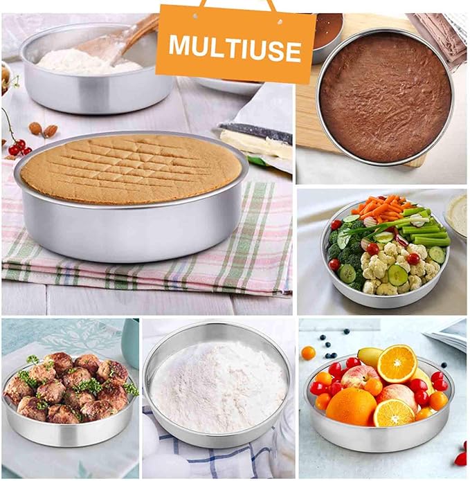 TeamFar 8 Inch Cake Pan, 4 Pieces Stainless Steel Round Tier Baking Cake Pans Set for Baking Steaming, Fit in Oven Pressure Cooker Pot, Healthy & Sturdy, Mirror Finish & Dishwasher Safe