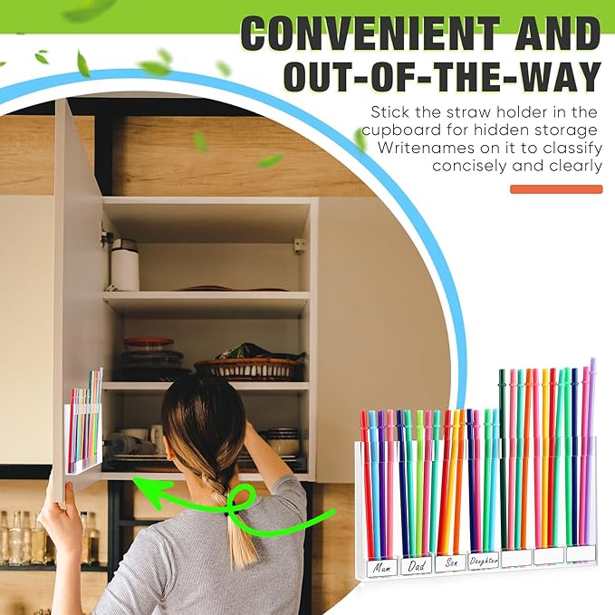Qinyoung Acrylic Straw Holder for Cabinet Door with Double Sided Adhesive Tape Reusable Straw Organizer Tumbler Storage Kitchen Accessories Container for Counter Cupboard(Classic,Extra Large,Clear)