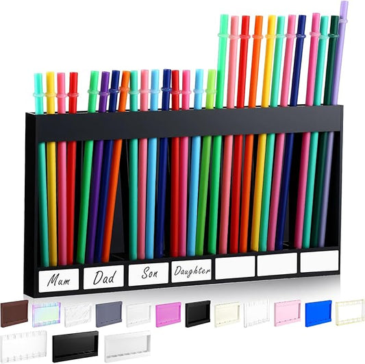 Qinyoung Acrylic Straw Holder for Cabinet Door with Double Sided Adhesive Tape Reusable Straw Organizer Tumbler Storage Kitchen Accessories Container for Counter Cupboard(Classic,Extra Large,Black)
