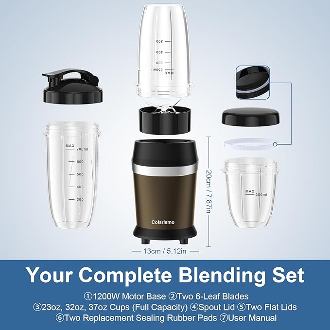Colarlemo 12-Piece Smoothie Blender Maker 25,000 RPM Personal Blender for Ice Crushing Smoothies & Frozen Drinks Nuts with 23oz, 32oz, 37oz Portable Cups Two 6-Leaf Stainless Steel Blades, Coffee