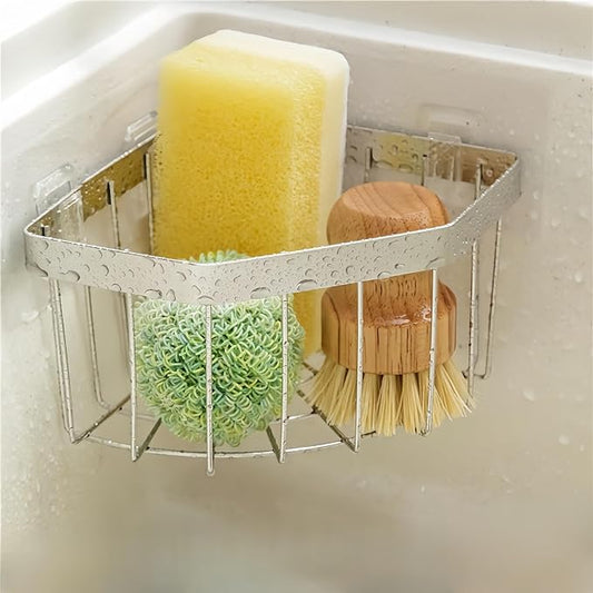 Wall Mounted Sink Caddy Organizer, Carbon Steel Kitchen Sponge Holder with 2 Adhesive Hooks, Triangular Drain Rack, 5.27x5.27x3.54 Inch (Silver)