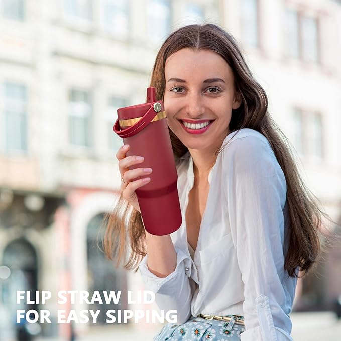30 oz Tumbler Bulk with Handle and Straw, Vacuum Insulated Tumblers with Flip Straw and Top Handle, Leakproof Powder Coated Tumbler, Stainless Steel Travel Mug for Coffee Water (Red, 8 Pack)