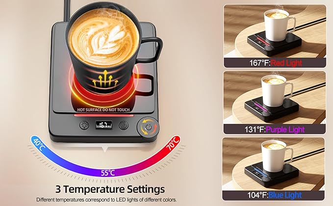 Fast Heating Coffee Mug Warmer,POLEDY Auto Shut Off Cup Warmer, Electric Beverage Warmer for Tea, Milk, Cocoa with 2-12H Timer, 3-Temp Settings Candle Warmer Plate, Black Smart Candle Melter