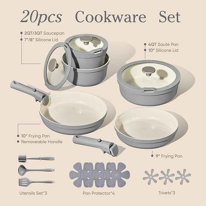 Carote 20pcs Ceramic Cookware Set with Detachable Handles, Pots and Pans Set Non Stick, RV Kitchen Cooking Pot and Pan, Dishwasher Safe, Non-toxic Induction Cookware PFAS and PFOA Free, Grey