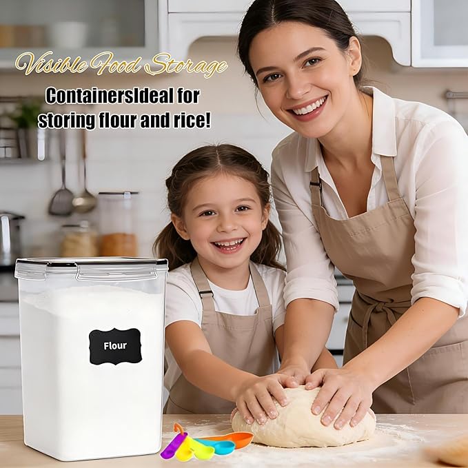 2 Pieces 6.5L / 220 oz Large Food Storage Containers, BPA Free Plastic Airtight Canisters for Flour, Sugar, Baking Supplies, Rice with Lids, Measuring Cups and Labels, Black