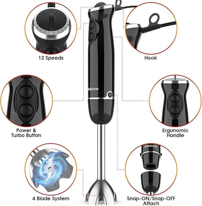 Blackcow Immersion Blender Handheld,500W Electric Hand Blender,Electric Hand Mixer with 12-Speed&Turbo,Extra Quiet Hand Blender for kitchen,Smoothie,Soup,Baby Food,Puree.Black
