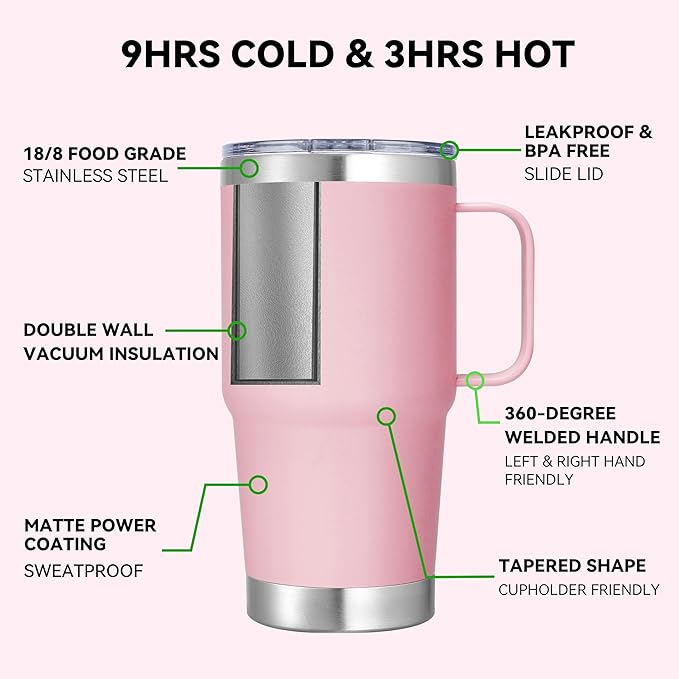 20 oz Stainless Steel Tumbler with Handle Bulk Metal Insulated Tumblers Travel Coffee Mug with Handle Double Wall Tumbler Cup with Lid and Straw, Pink 12 Pack