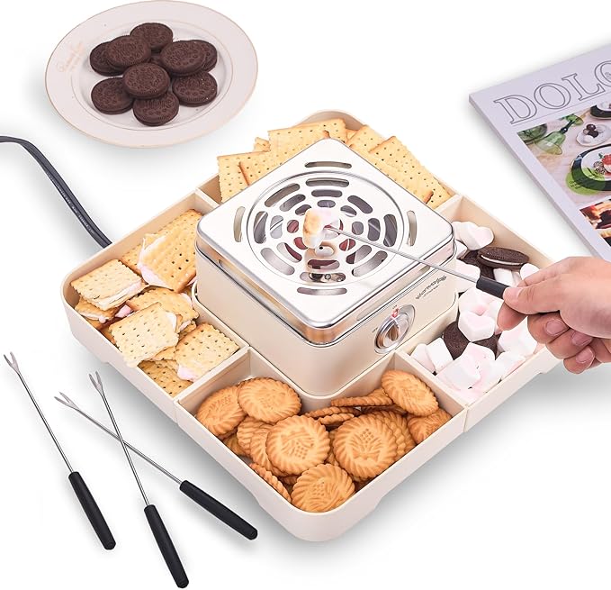 Electric Smores Maker - Indoor Smores Kit with 4 Detachable Trays, 4 Stainless Steel Forks - Flameless Smores Maker Tabletop Indoor Kit (White)