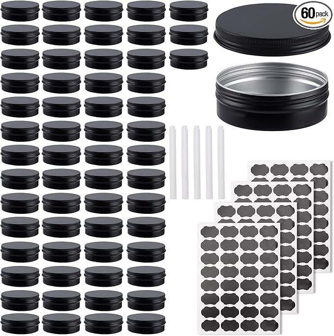 OBKJJ 60 Pack Round Cans with Screw Lid 4 Oz Aluminum Metal Tins DIY Food Candle Containers for Lotion Bars, Balms, Salve, Spices, Beard Balm, Crafts with 4 Markers 2 Sheets Label Stickers