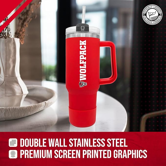 Campus Colors College & University 40 oz Travel Tumbler With Handle - Dual Option Lid With Straw - Vacuum Insulated Stainless Steel (NC State Wolfpack - Red)