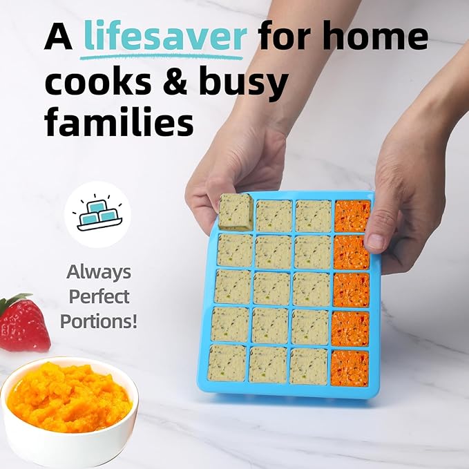 20 Section-0.5oz, Food Grade Silicone Ice Cube Tray Food Container with Airtight Locking Lid, Perfect for Storing Garlic, Herbs, Ginger, Pesto, Tomato Paste, Lemon Juice,Purees and More (Blue 4 Pack)
