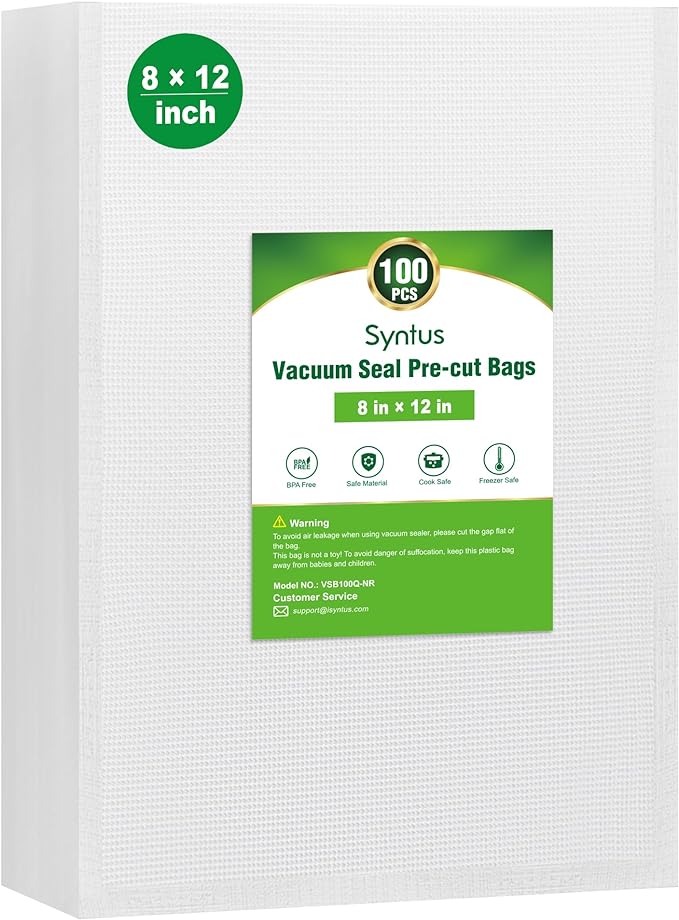 Syntus Vacuum Sealer Bags for Food, 100 Count Quart 8" x 12" Commercial Grade PreCut Bag, BPA Free Food Vac Bags for Storage, Meal Prep or Sous Vide