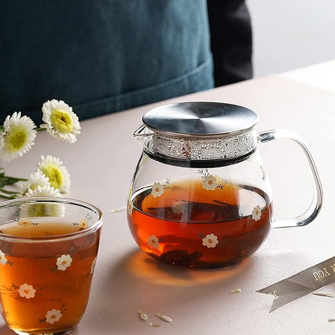 Iced Tea Pitchers High Borosilicate Glass Pitcher with Filter Cover Cute Cold Water Jug Small Teapot for Juice, Milk, Hot and Cold Drinks (B)