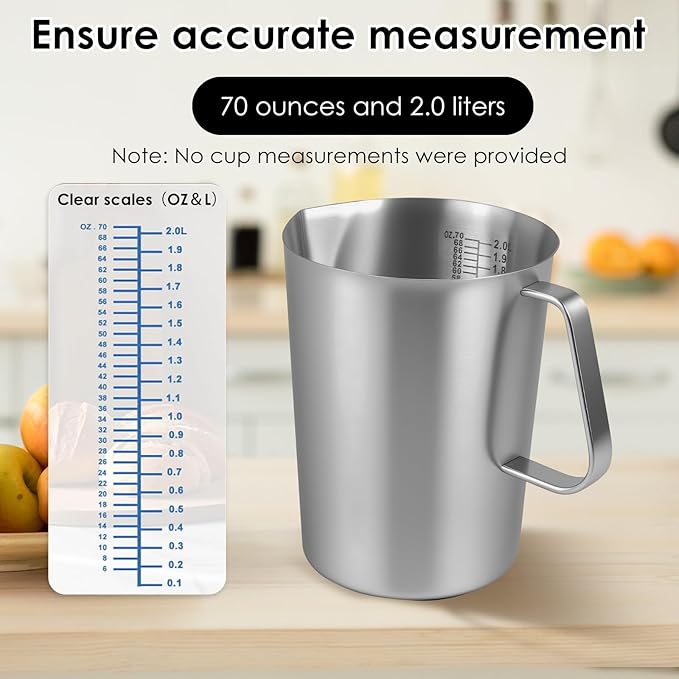 2 Pcs Stainless Steel Pitcher with Lid, 2 L/70 OZ Large Metal Measuring Cup with Marking and Handle, Large Mouth Graduated Beakers, Milk Frothing Jug Metal Pitcher for Coffee Latte Art, Hot/Cold Water
