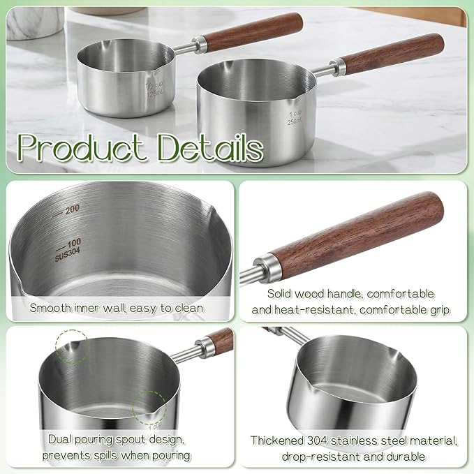 2 Pcs 18/10 Stainless Steel Butter Warmer Measuring Pan 8.5 oz and 4.2 oz Milk Coffee Chocolate Butter Melting Pot with Dual Pour Spout and Wooden Handle for Induction Cookers and Gas Stoves
