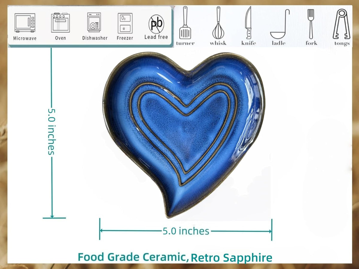 Ceramic Spoon Rest for Stove Top, Heart Cute Spoon Rest for Kitchen Counter, Cooking Spoon Holder for Kitchen Counter, Utensil Rest Spatula Rest Ladle Holder Tong Rest (Retro Sapphire)