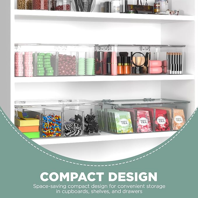 Utopia Home - Tea Bag Organizer With Lids, Clear Pantry Storage Box - (3 Pack) Stackable Partition Organizers or Holder With Lids For Drawers, Countertops, Fridge, Kitchen, Snack & Spice Organization