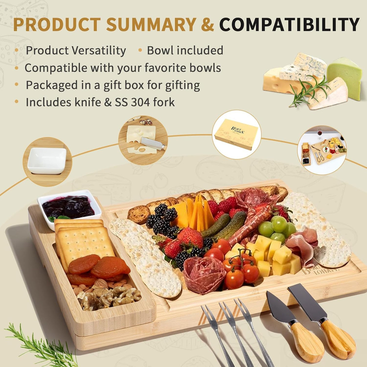 Charcuterie Boards Bamboo Cheese Board with Knife Set, Serving Tray, Gifts for Women, Housewarming Gifts for New Home, Wedding Gift for Couples 2025 (With 1 Bowl)