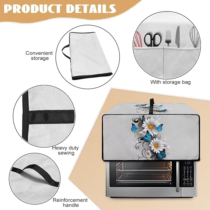 Toaster Oven Cover Dust-Proof Countertop Convection Oven Cover Protective Smart Microwave Oven Accessories and Decor, S, 14.5 x 18.5 x 9 Inches, Daisy Butterfly Gray