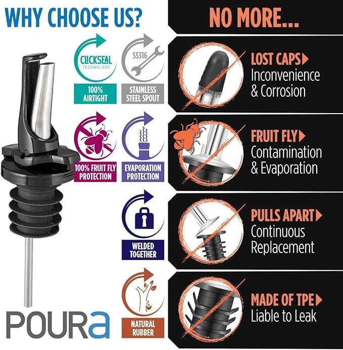 24 Liquor Bottle Pourers - Hygienic ClickSeal Alcohol Speed Pour Spouts - Stops Barfly, Dishwasher Safe. Also for Olive Oil, Juice, Syrup. Black 24Pk with 2 Adapters for Large Bottles
