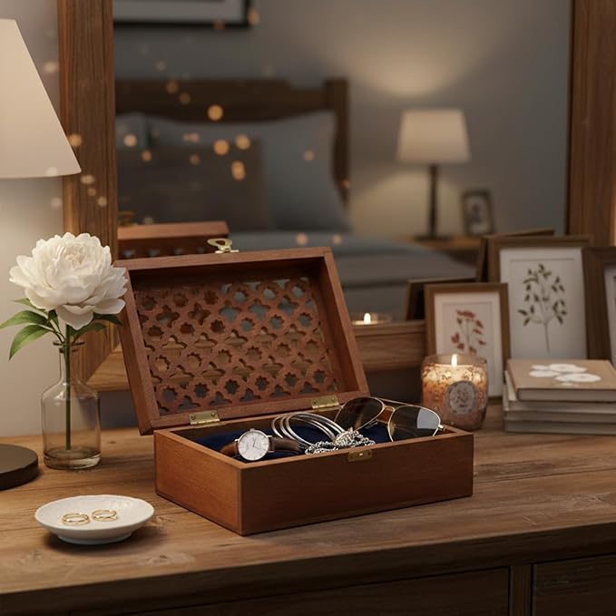 Mela Artisans Medium Polish Wooden Keepsake Box | Handmade Decorative Storage box for Jewelry, Photos & Letters| Elegant Memory & Trinket Box with Hinged Lid |Medium | Trellis Design | 7.5x4.5x3