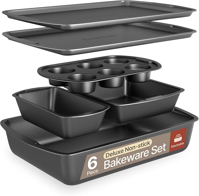 Bakken Swiss - Bakeware Set – 6 Piece – Stackable, Deluxe, Non-Stick Baking Pans for Professional and Home Cooking – Carbon Steel, Gray Coating