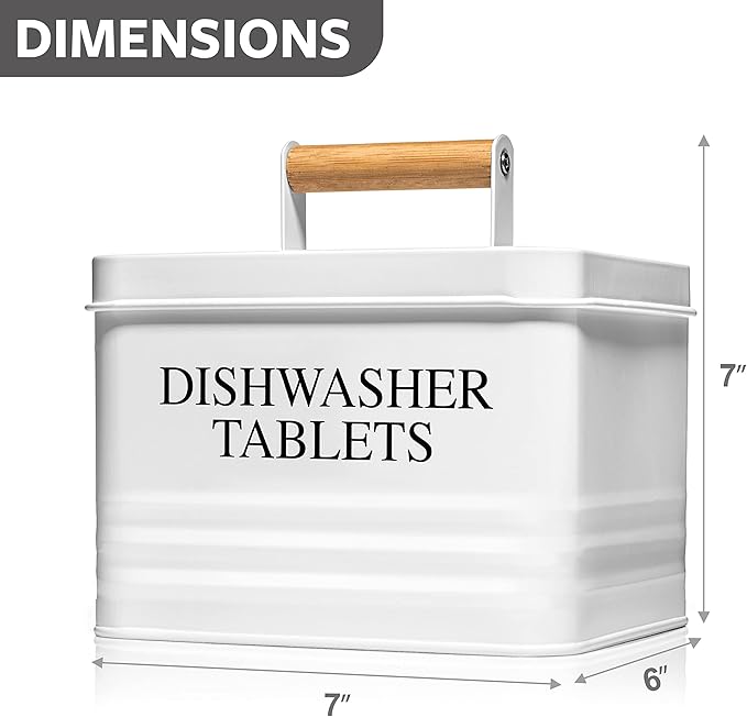 Calindiana Modern Farmhouse Metal Dishwasher Pods Container Holder with Lid for Kitchen Organization and Storage, Kitchen Essentials Decor Accessories, White