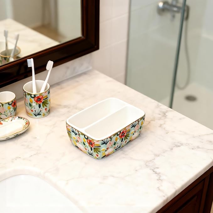 2 Compartments Ceramic Sponge Holder for Kitchen Sink, Cute Floral Pattern Countertop Dish Sponges Holder Soap Sink Organizer Caddy Farmhouse Home Kitchen Decor Mint Flowers