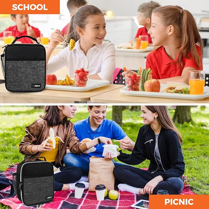 opux Premium Insulated Lunch Box, Soft School Lunch Bag for Kids Boys Girls, Leakproof Small Lunch Pail Men Women Work, Reusable Compact Cooler Tote Lunchbox for Office Adult, Heather Charcoal