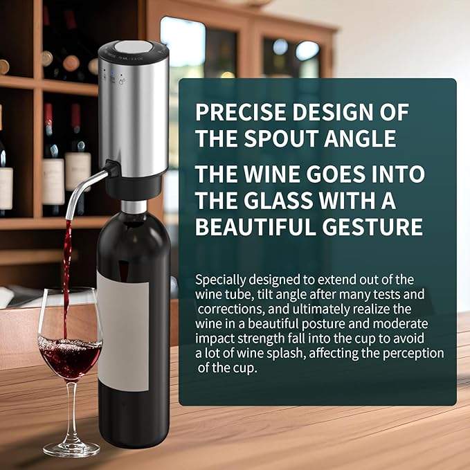 Upgraded Wine aerator Electric Wine Decanter, Rechargeable Automatic Wine Dispenser withStorage Base,Two Modes:long press to continuously Dispense wine/single press to Dispense75ml of Wine(Silver-set)