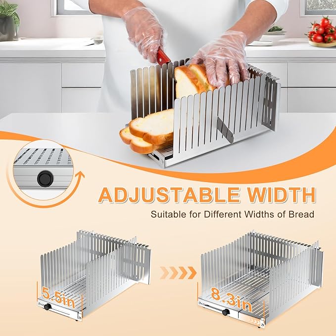 Stainless steel Bread Slicer for Homemade Bread,Adjustable Width,Foldable Compact,Bread Slicing Guide,Bread Loaf Slicer,for Cakes,Bagels,slice is 0.5",Bread width: 5.5"-8.3" (Gray)