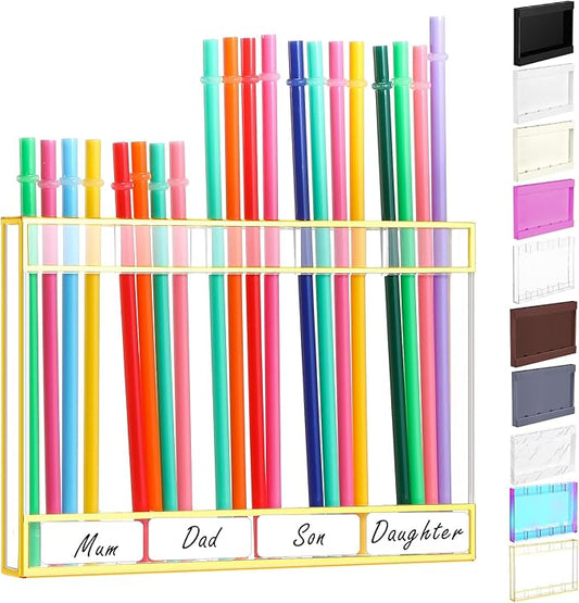 Qinyoung Acrylic Straw Holder for Cabinet Door with Double Sided Adhesive Tape Reusable Straw Organizer Tumbler Storage Kitchen Accessories Container for Counter Cupboard(Gold Trim,Large,Clear)