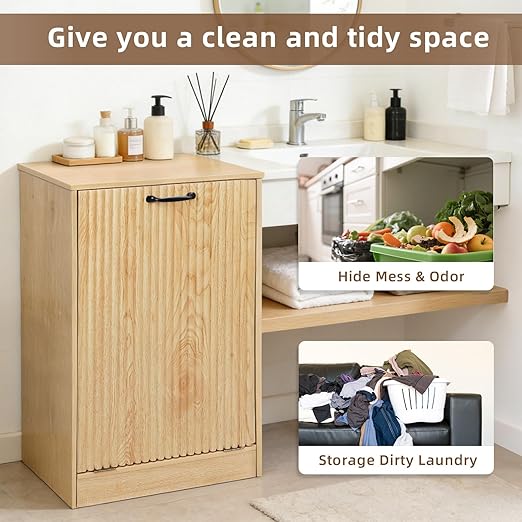 Moderock 13 Gallon Wooden Tilt Out Trash Cabinet Hidden Trash Can, Fluted Hidden Trash Can Cabinet, Farmhouse Wood Laundry Basket Cabinets for Bathroom, Kitchen, Natural Oak