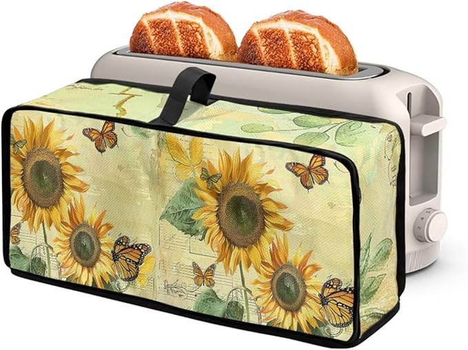 Sunflower Butterfly Toaster Cover Long Slot 2 Slice Slim Toaster Cover, Heat-Resistant Small Appliance Covers Dustproof Protective Covers for Furniture Decor