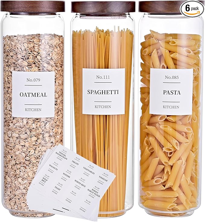 Tzerotone Glass Pantry Storage Jars with Acacia Airtight Lid, 50 OZ Kitchen Canisters with Wood Lid and 132 Pantry Labels, Food Storage Containers Set of 3