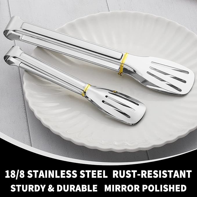6 Pack Tongs for Cooking, Amafox Stainless Steel Small Serving Tongs for Food, Multifunctional Kitchen Tongs for Serving Food, Salad, Steak, Appetizer, Dishwasher Safe (9 Inch)