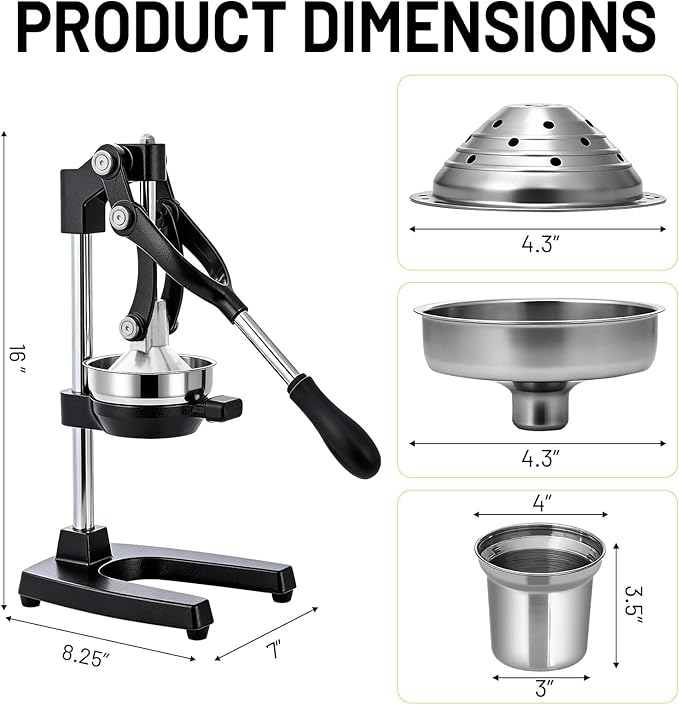 Cast Iron Juicer Hand Press for Citrus Fruits,Pomegranates,Grapefruits,Heavy-Duty Cast Iron Juicer,Lemon Squeezer Manual,with Stainless Steel Cup,Easy to Use & Clean（Black）