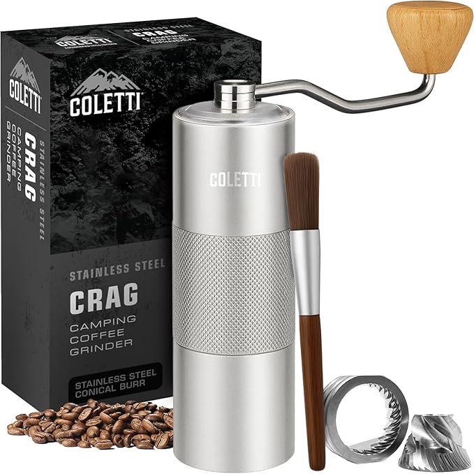 COLETTI Crag Manual Coffee Grinder — Hand Coffee Grinder — CNC Burr Precision Hand Grind, Heavy Duty for Travel, Camping, Hiking & Adventure – Includes Brush [Silver Coat]