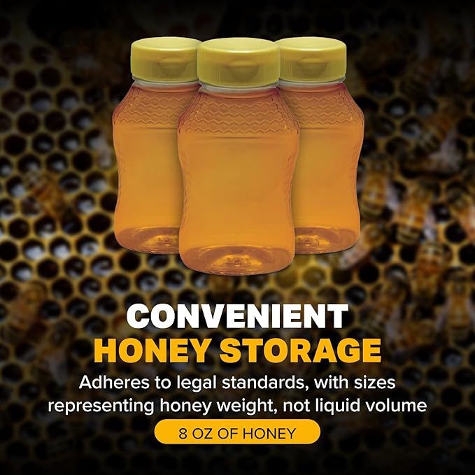 Mann Lake Refillable Hourglass Honey Jars | 8 oz Plastic Containers with Yellow Flip-Top Lids | Empty Bottles for Honey Storage & Dispensing | 24-Pack (Honey Not Included)