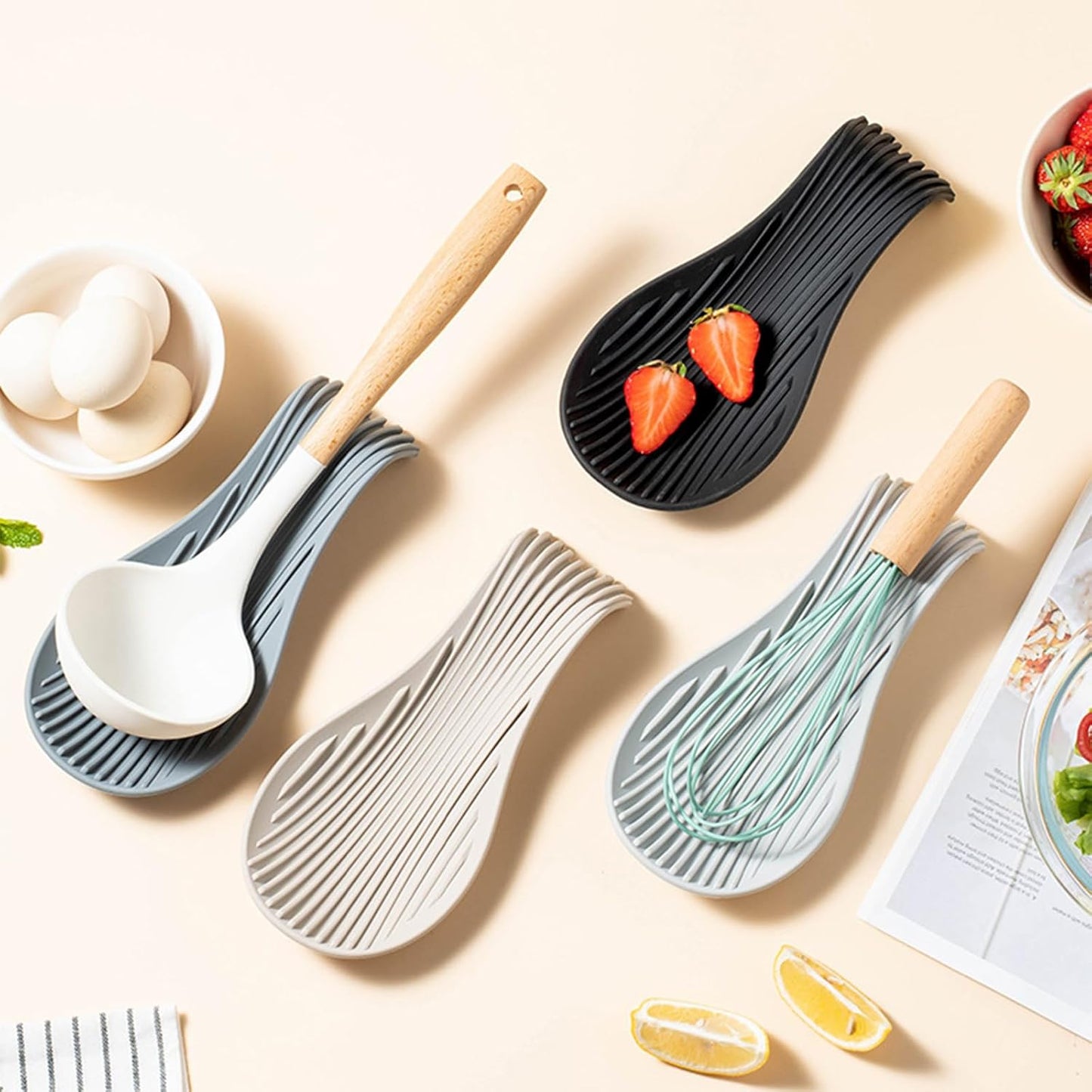 Stove Top Spoon Rest - Heat Resistant & Non-Slip Silicone Holder for Kitchen Counter, Large Cooking Utensil Res (Black)