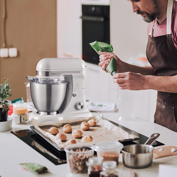 Geek Chef Electric Stand Mixer, 4.8QT 12 Speeds Tilt-head Food Mixer with Dough Hook, Whisk, Beater, Bowl, Rotary Knob for Home Kitchen Use, Silver White