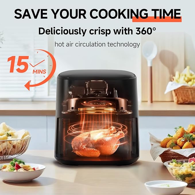 QIDO Air Fryer 8-in-1 with 5 QT Capacity,180°-450°F Precision Heating, Air Fry, Roast, Broil, Reheats, Dehydrates, Less Oil, Features Shake Reminder, Large Touch Display with Auto Menus, Dark Black