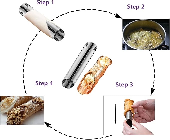 Alovexiong Non-stick Cannoli Tubes Molds 6pcs Cream Horn Molds Stainless Steel 4.92 inch Large Cannoli Molds Kit Baking Tubes Cones Pastry Roll Cream Roll Horn Croissant Mold Diagonal Shaped